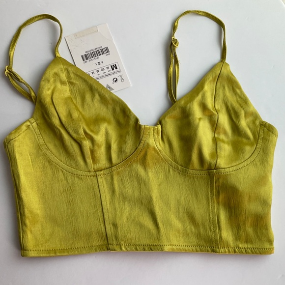 Zara Satin Chartreuse Cropped Top Adjustable Straps Bustier NWT Size M - Picture 5 of 8